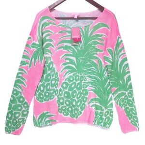 Lilly Pulitzer Julina Sweater Pink Pout Flamenco Pineapple Cotton Knit Large NWT